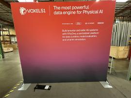 RENTAL: RE-1080 Inline Design with 110" Wide x 96" High Backwall, Boomerang Baseplates, Large Monitor Mount, (2) RE-1227 Small Rectangular Counters, SEG Fabric Graphic, and Direct Print Sintra Graphics -- View 2